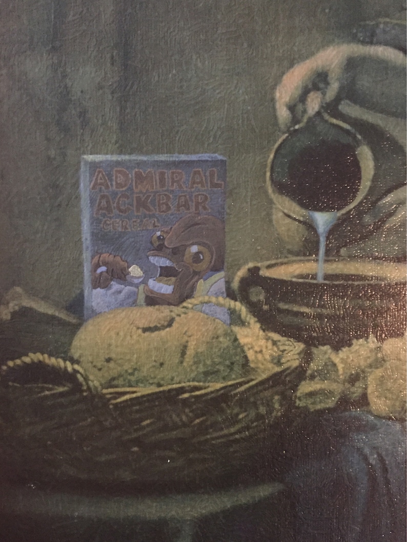 May include: A painting of a still life featuring a box of Admiral Ackbar cereal, a loaf of bread in a wicker basket, and a pitcher pouring a white liquid into a bowl.