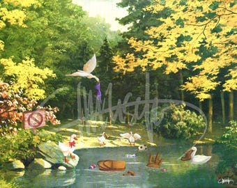 May include: An oil painting depicts a serene pond scene with ducks, a goose carrying purple fabric, and a "no entry" sign. The artwork features lush green and yellow foliage, creating a vibrant, naturalistic landscape.