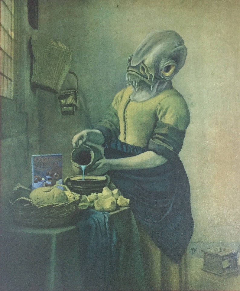 May include: A painting of a woman pouring milk into a bowl. The woman is wearing a yellow shirt and a blue skirt. She has a large, green, fish-like head. The painting is in a muted green and brown color palette.