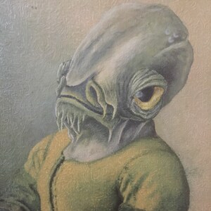 May include: A painting of a gray alien with a yellow eye, wearing a green and yellow shirt. The alien has a large head and a small body.