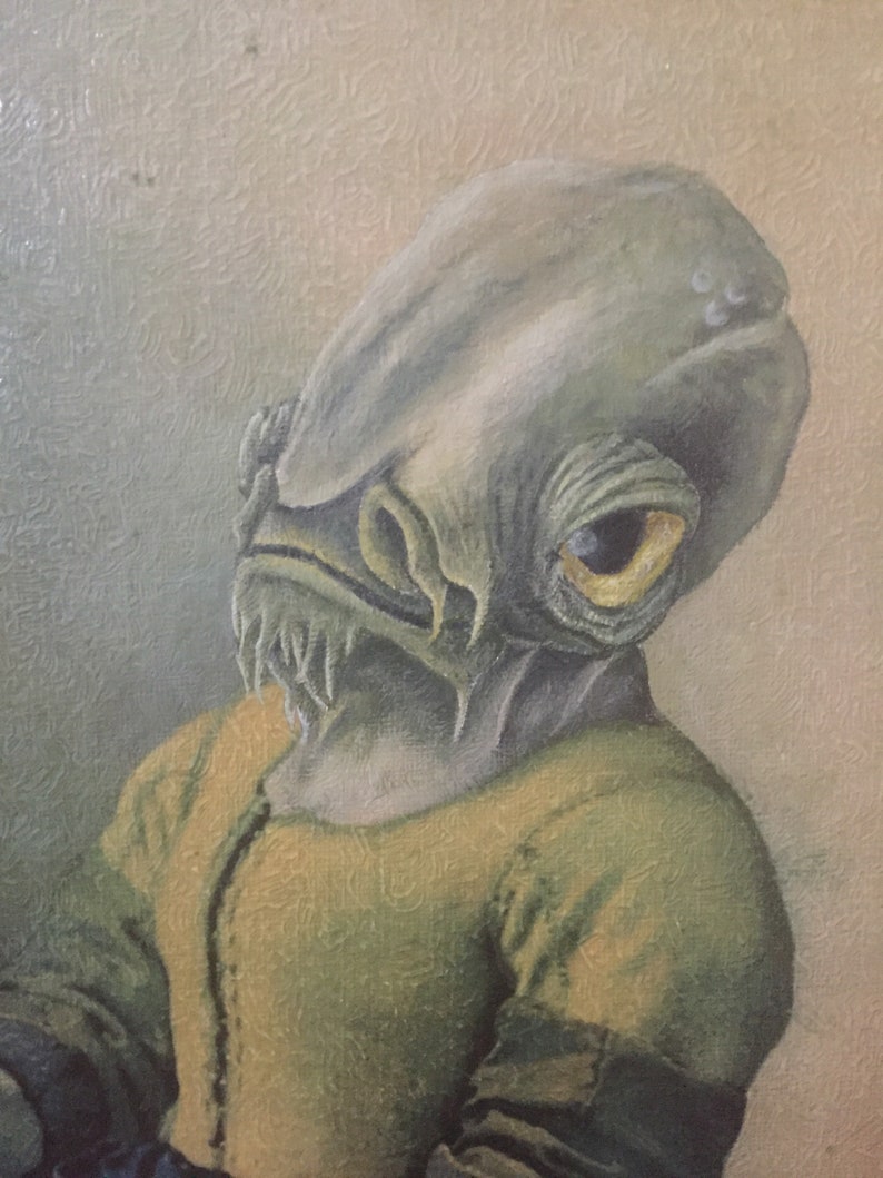 May include: A painting of a gray alien with a yellow eye, wearing a green and yellow shirt. The alien has a large head and a small body.
