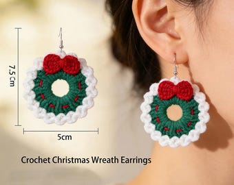 Handmade Crochet Wreath Hoop Earrings Festive Jewelry for Women Girls Christmas New Year Party Valentine Gift
