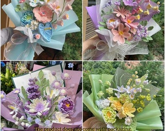 Handmade Crochet Flower Bouquet with Peony Tulip and Rose, Luxury Artificial Flowers for Wedding, Home Decor, Valentine Gift