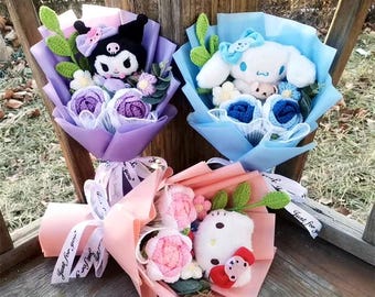 Handmade Knitted Plush Flower Bouquet with Crochet Roses Valentine Christmas Birthday Holiday Friendship Gift