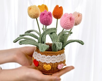 1pc Crochet Tulip Flower Pot Knitted Flower Bouquet Christmas Home Decor Valentine Birthday Gift for Women Mom Wife