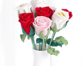 Crochet Rose Bouquet Wool Artificial Flowers in Wine Glass Valentine’s Day Creative Gift Home Decor