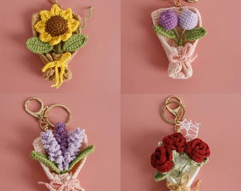 Creative Knitted Flower Bouquet Keychain Sweet Crochet Mini Flower Pendant Handmade Key Ring Bag Charm Gift