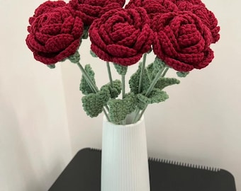 Crochet Flower Single Knitted Rose Bouquet Decorative Flower for Wedding Home Table Dining Decor Valentin day Gift