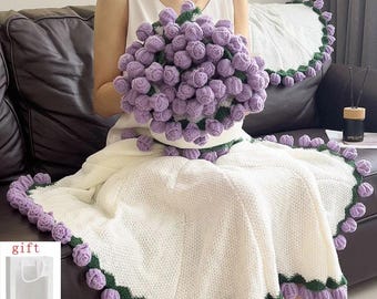 Handmade Rose Blanket Bouquet with Gift Bag Crochet Rose Blanket Cozy Decor Throw Birthday Valentine Gift for Girlfriend