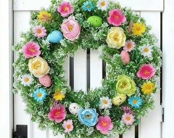 Colorful Easter Wreath Front Door Spring Floral Wreath Artificial Pastel Egg Wreath Home Door Hanging Decor