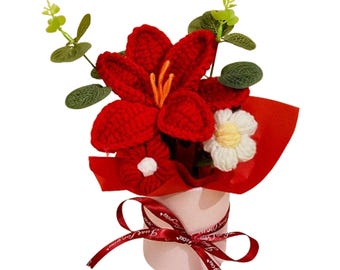 Handmade Crochet Knitted Tulip Flower Bouquet, Home Decoration, Christmas and Valentine Gift for Women, Wife or Mom