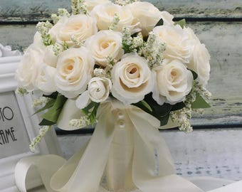 Bridal Bridesmaid Wedding Bouquet White Silk Flowers Roses Handmade Artificial Bride Mariage Bouquet Wedding Accessories