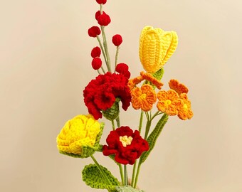 6pcs Handmade Crochet Yarn Flower Bouquet, Mixed Faux Floral Arrangement for Home Decor, Table Display, Valentine Gift