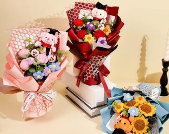 Handcrafted Graduation Sunflower Crochet Bouquet, Crocheted Flower Arrangement for Graduation, Home Decor, Birthday, Valentines day gift