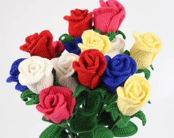 3PCS Handmade Knitted Crochet Rose Flower Bouquet, Artificial Flower Wedding Gift, Home Decoration Floral Arrangement