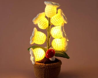 Knitted Lily of the Valley with LED Light Crochet Artificial Flower Pot Home Decor Mothers Day Valentine Wedding Gift
