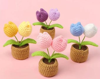 12cm Mini Woven Crochet Tulip Potted Plant, Handmade Stuffed Flower for Home Table Decor, Gift for Mother, Valentine, Christmas