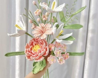 Handmade Crochet Flower Bouquet Pink Peony and Tulip Knitted Artificial Flowers Mothers Day Girlfriend Gift Home Wedding Decor