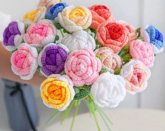 Crochet Rose Flower Bouquet Knitted Artificial Flowers for Wedding Bridal Decor Valentine’s Day Gift Home Decor