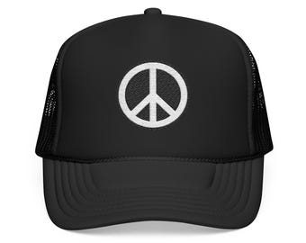 Trucker Hat with Embroidered Peace Emblem, Vintage Inspired Foam Cap by Look Dont Get Shook