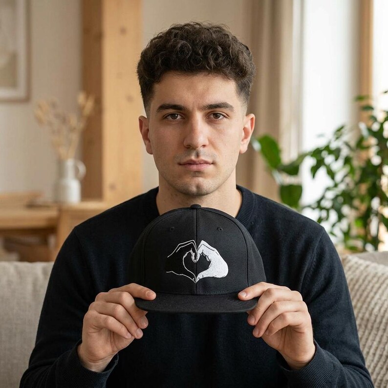 May include: A black baseball cap featuring an embroidered white graphic of two hands forming a heart shape in the center of the front panel. The cap has a structured crown, a flat brim, and stitched eyelets for ventilation on the top panels.