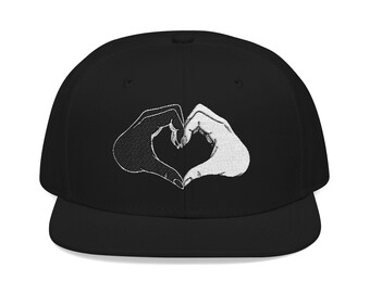Embroidered Black to White Heart To Hand Design Snapback Cap, High Profile, Acrylic Wool Blend