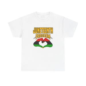 Juneteenth Freedom Celebration Unisex Tee, Red Black Green Hand Heart Design image 1