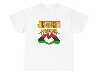 Juneteenth Freedom Celebration Unisex Tee, Red Black Green Hand Heart Design