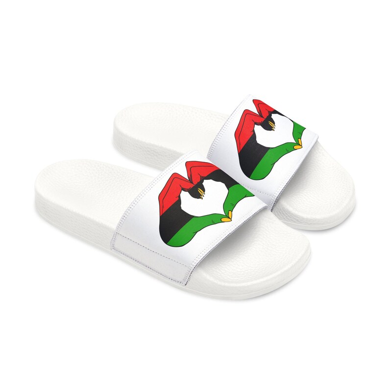 Red Black Green Men Slides, Graphic Hand to Heart Design, Removable Straps image 7
