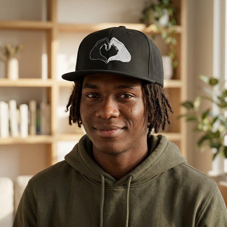 May include: A black baseball cap featuring a white embroidered graphic on the front panel. The design depicts two hands positioned together to form a heart shape. The cap has a structured crown, a flat brim, and a solid black fabric construction.