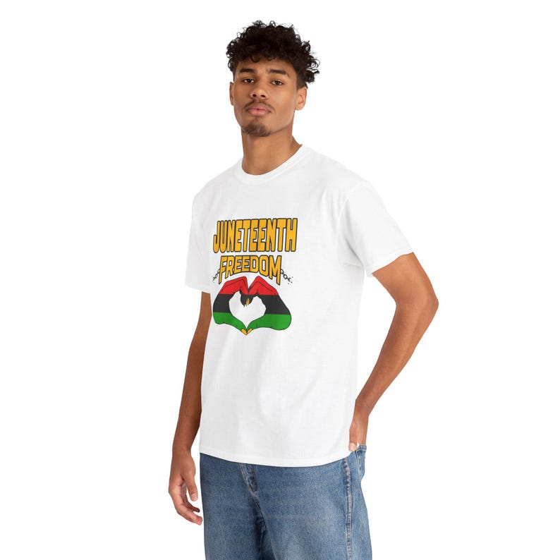 Juneteenth Freedom Celebration Unisex Tee, Red Black Green Hand Heart Design image 5