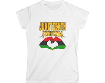 Juneteenth Freedom Women Tee, Historical Red Black and Green Colors with Look Dont Get Shook Hand to Heart Design