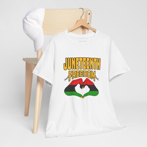 Juneteenth Freedom Celebration Unisex Tee, Red Black Green Hand Heart Design image 3