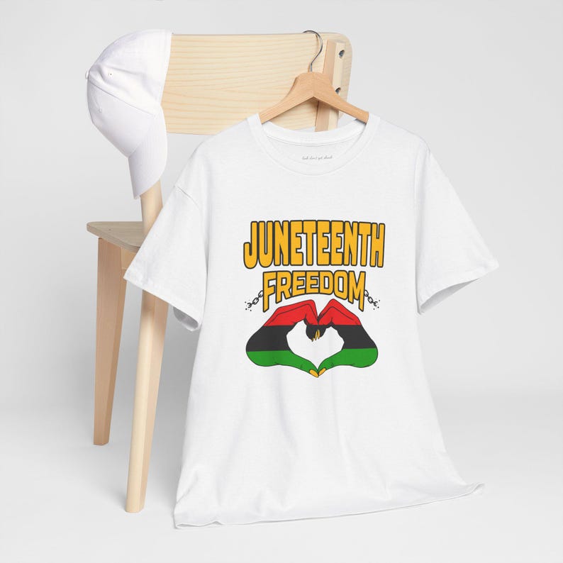 Juneteenth Freedom Celebration Unisex Tee, Red Black Green Hand Heart Design image 3