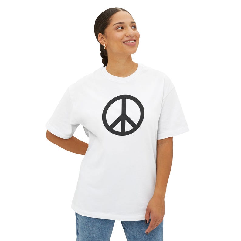 White Boxy Tee with Centered Peace Sign Design image 3