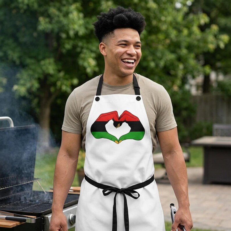 Pan African Heart Apron, Red Black Green Hand Design, Adjustable Kitchen Cooking Heritage Apron image 3