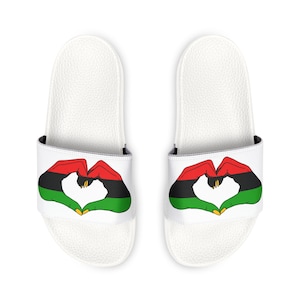 Red Black Green Men Slides, Graphic Hand to Heart Design, Removable Straps image 1