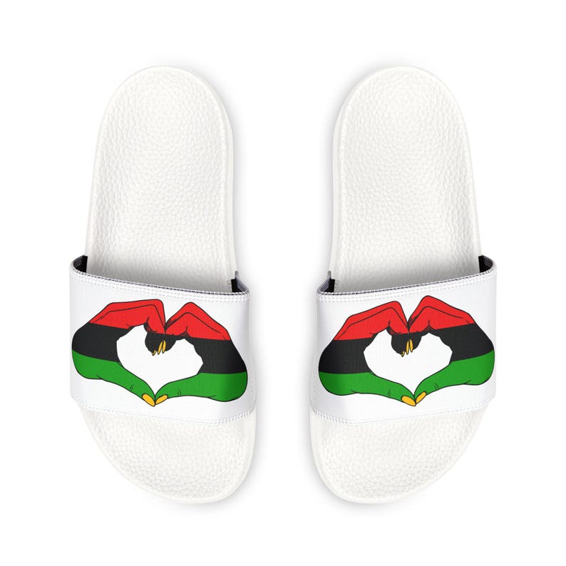 Red Black Green Men Slides, Graphic Hand to Heart Design, Removable Straps image 1