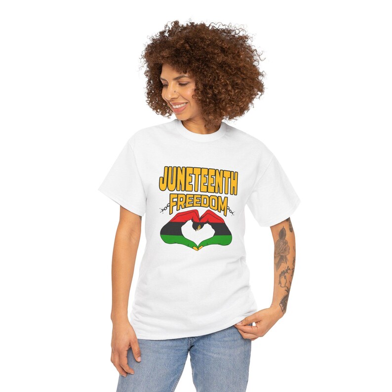 Juneteenth Freedom Celebration Unisex Tee, Red Black Green Hand Heart Design image 4