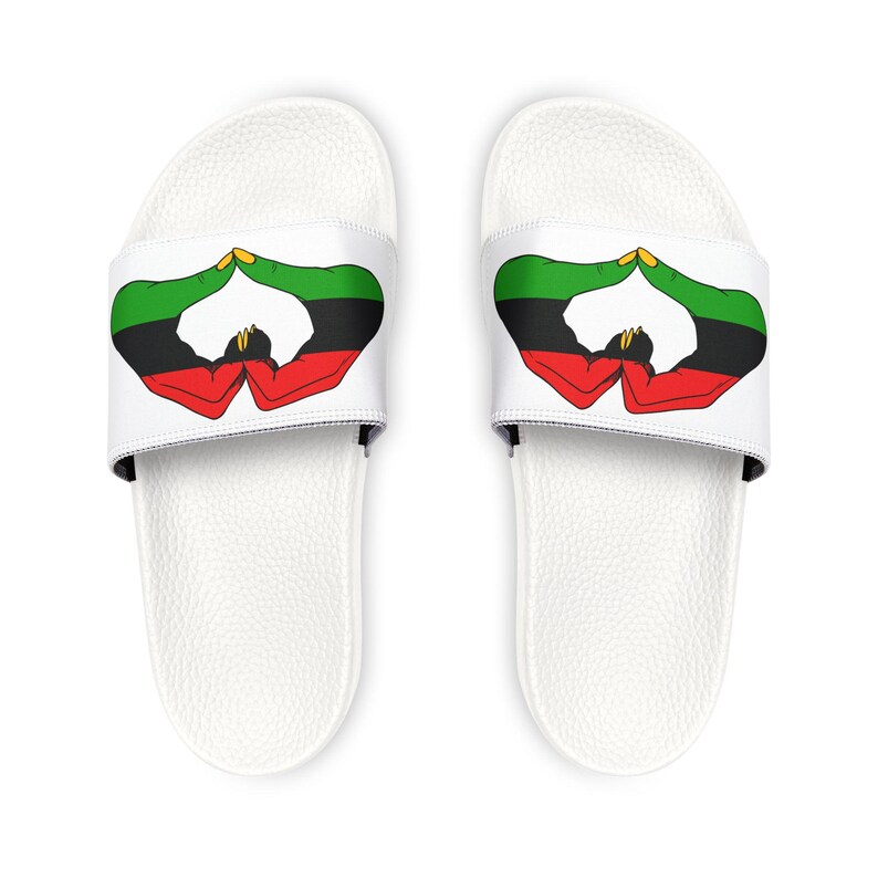 Red Black Green Men Slides, Graphic Hand to Heart Design, Removable Straps image 2
