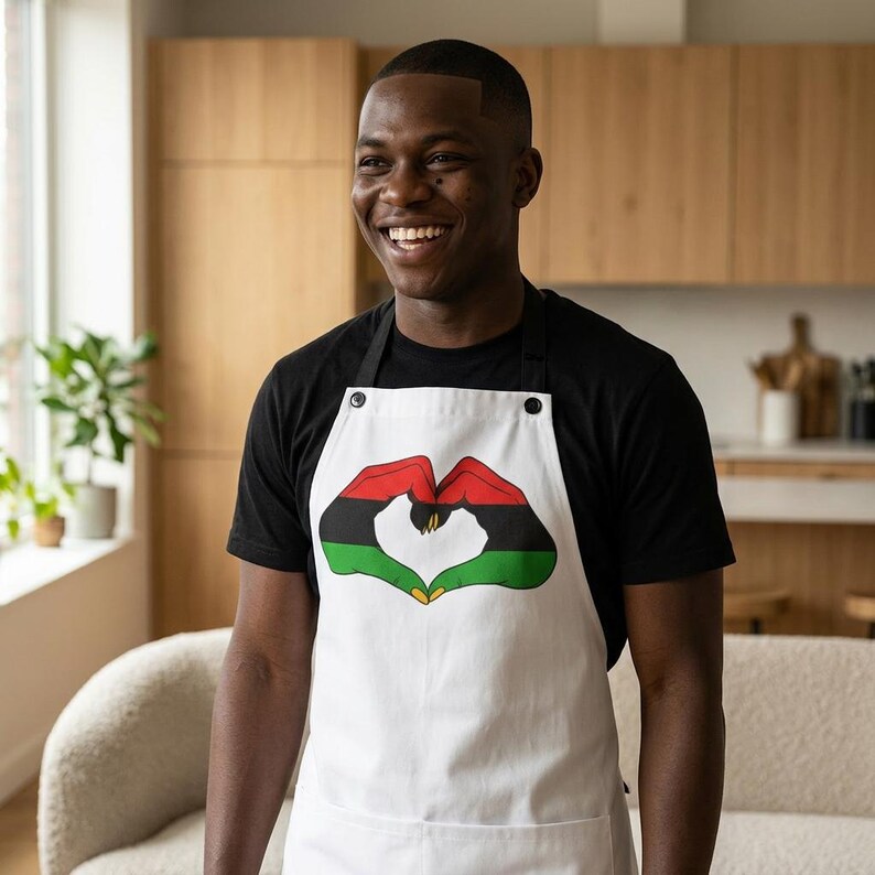 Pan African Heart Apron, Red Black Green Hand Design, Adjustable Kitchen Cooking Heritage Apron image 6