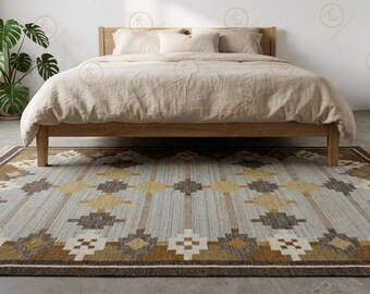 Grey Gold Brown Geometric Area Rug | Handwoven Flat Weave Wool | Earthy Tribal Boho Decor