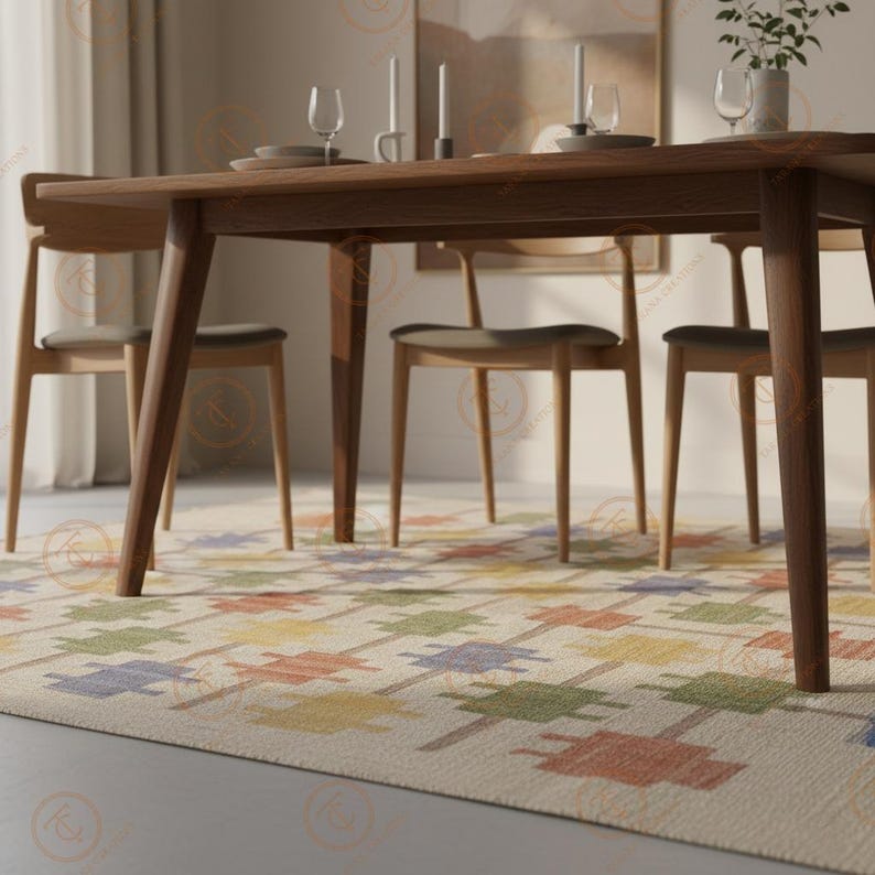K&ouml;nnte beinhalten: Ein Esstisch aus Holz mit vier St&uuml;hlen, gedeckt mit Tellern, Gl&auml;sern und Kerzen. Der Tisch steht auf einem gemusterten Teppich mit bunten geometrischen Formen. Der Raum hat eine neutrale Farbpalette mit nat&uuml;rlichem Licht.
