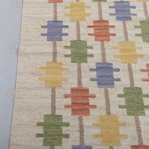Close up of cream wool flat weave rug with blue and mustard geometric motif.
Handwoven Scandinavian area rug showing textured wool surface and vertical brown line detail.
Modern Nordic carpet with rust red and olive green abstract shapes.
Minimalist geometric wool rug with durable flat weave construction.
Cream base handmade area rug with colorful mid century inspired pattern.