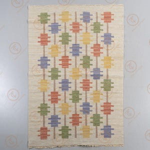 Full view of handwoven Scandinavian wool area rug with cream base and colorful geometric motifs.
Nordic flat weave rug featuring mustard yellow, dusty blue, olive green, and rust red shapes.
Modern geometric wool carpet with vertical brown stripe structure and balanced layout.
Handmade cream area rug for living room, bedroom, or farmhouse decor.
Contemporary Nordic wool rug with symmetrical patterned design and flat weave texture.