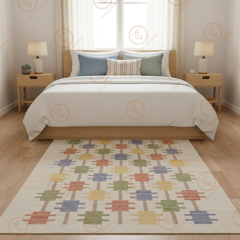 K&ouml;nnte beinhalten: Ein Schlafzimmer mit einem Bett, zwei Nachttischen mit Lampen und einem farbenfrohen geometrischen Teppich. Der Teppich zeigt rote, gr&uuml;ne, gelbe und blaue Quadrate. Der Raum hat eine neutrale Farbpalette und nat&uuml;rliches Licht von einem Fenster.