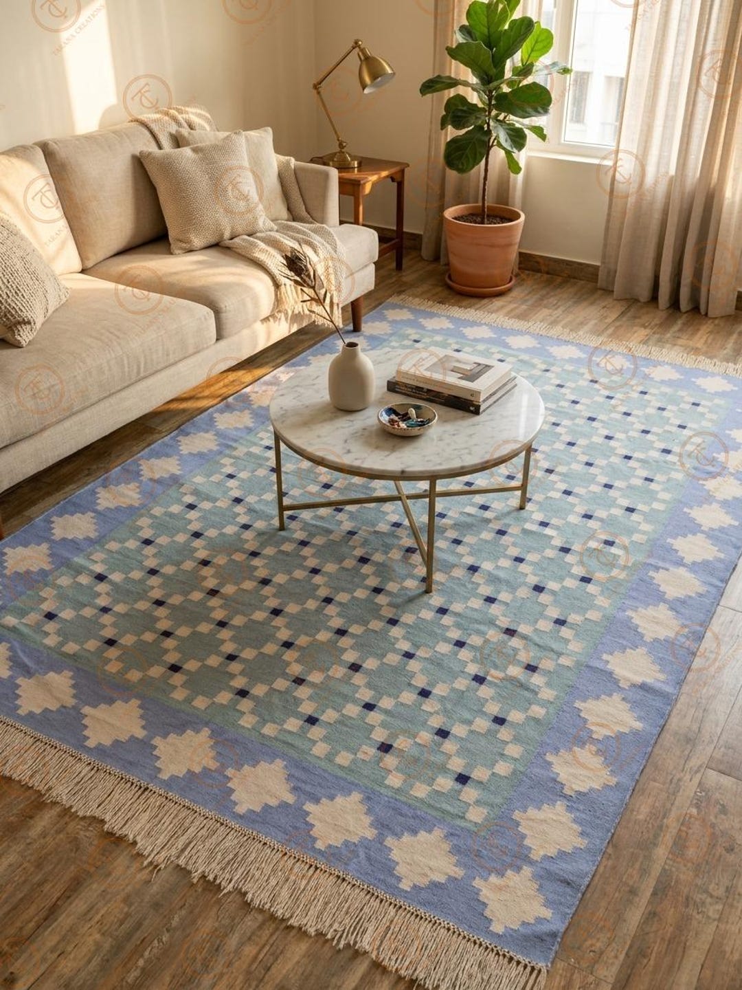 Periwinkle Blue Ivory Area Rug | Diamond Geometric Flat Weave ...