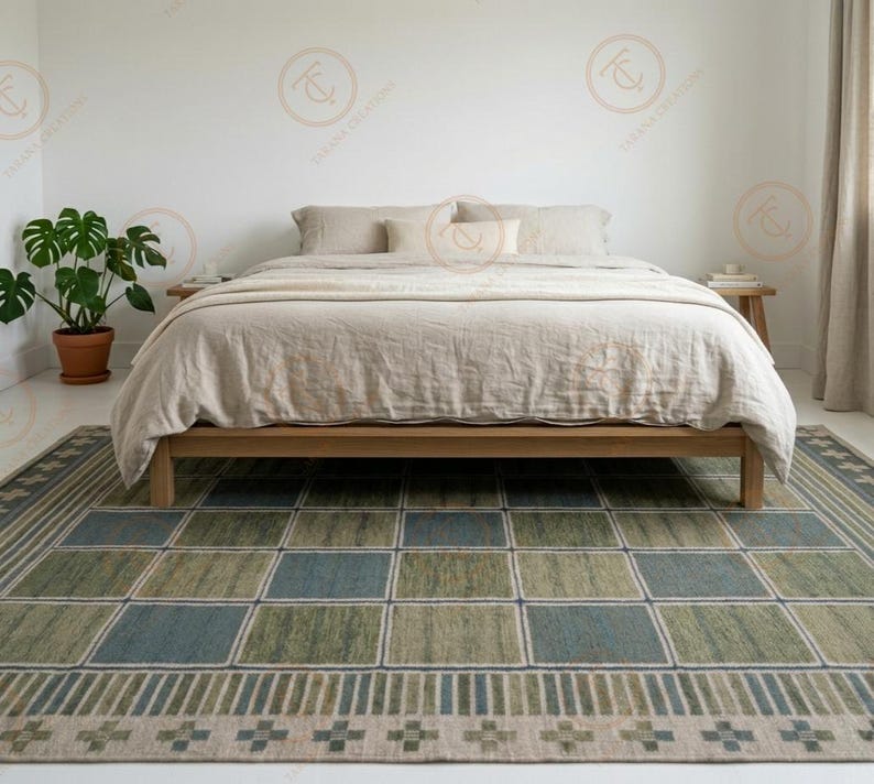 Blue Checked Rug Green Blue Checkered Area Rug | Handwoven Flat Weave Wool ...