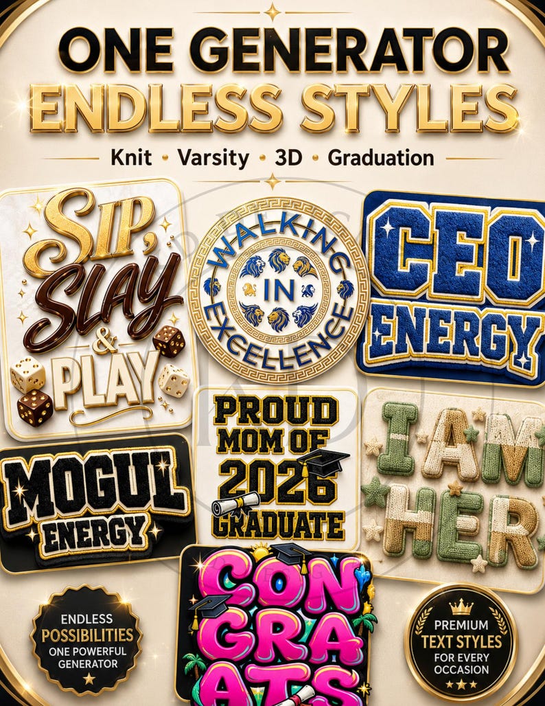 Op de afbeelding: Een digitaal display met verschillende tekststijlen, waaronder 'Sip, Slay & Play' met dobbelstenen, 'Walking in Excellence' in een rond embleem, 'CEO Energy', 'Mogul Energy', 'Proud Mom of 2026 Graduate', 'I Am Her' en 'Congrats' met afstudeerhoeden.
