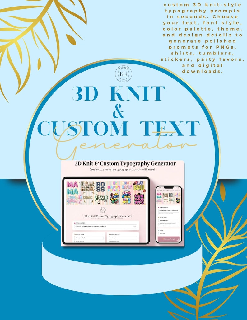 Op de afbeelding: Een digitale tool-interface genaamd 3D Knit & Custom Typography Generator weergegeven op een tablet- en smartphonescherm. De interface bevat tekstinvoervelden en voorbeelden van kleurrijke 3D-gebreide typografie-ontwerpen.